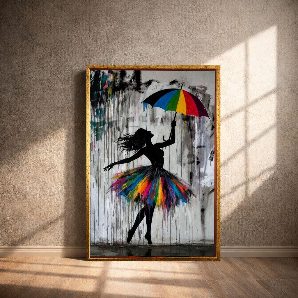 Image 4 of Banksy Inspired Rainbow Umbrella Girl Graffiti Canvas Wall Art Print | Modern Living Room Decor | Street Art Gift