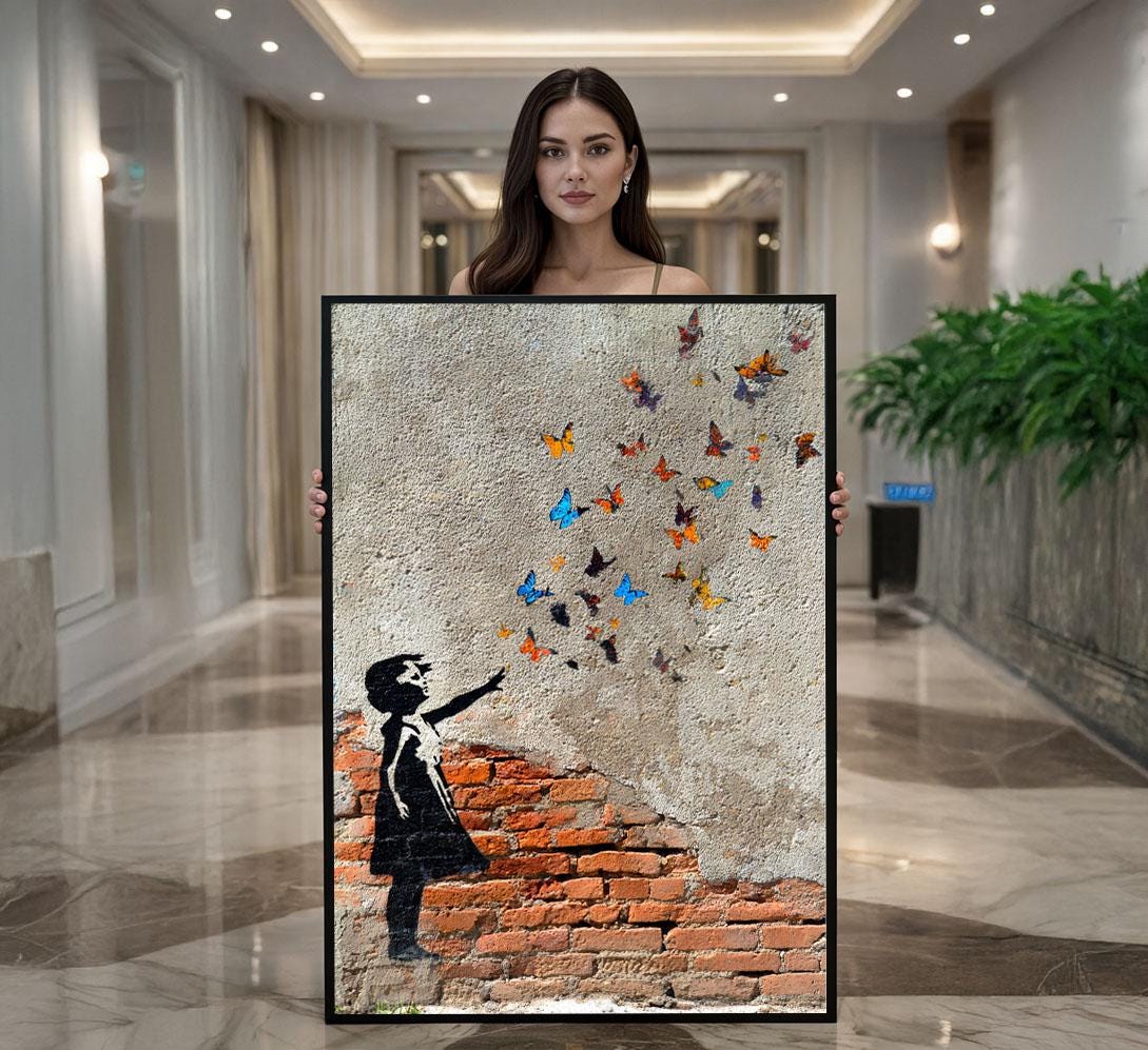Image 1 of Banksy Inspired Butterfly Release Girl Canvas Wall Art Print | Street Art Living Room Decor | Modern Statement Piece