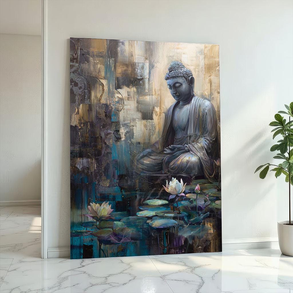 Image 2 of Tranquil Buddha Reflection Canvas Wall Art Print | Serene Blue Gold Living Room Decor | Modern Art Lovers