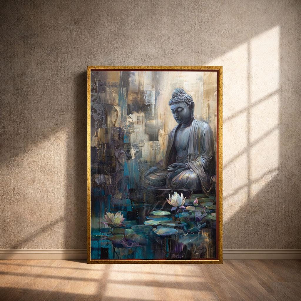Image 4 of Tranquil Buddha Reflection Canvas Wall Art Print | Serene Blue Gold Living Room Decor | Modern Art Lovers