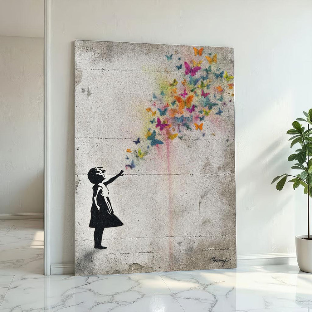Banksy Inspired Colorful Butterflies Girl Graffiti Canvas Wall Art Print  Modern Living Room Decor  Statement Piece