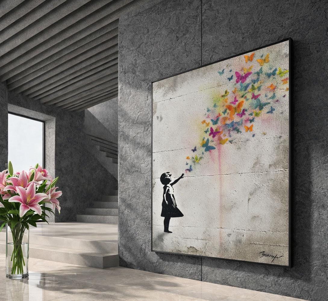 Image 5 of Banksy Inspired Colorful Butterflies Girl Graffiti Canvas Wall Art Print | Modern Living Room Decor | Statement Piece