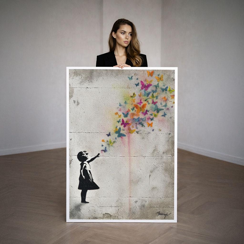 Image 3 of Banksy Inspired Colorful Butterflies Girl Graffiti Canvas Wall Art Print | Modern Living Room Decor | Statement Piece
