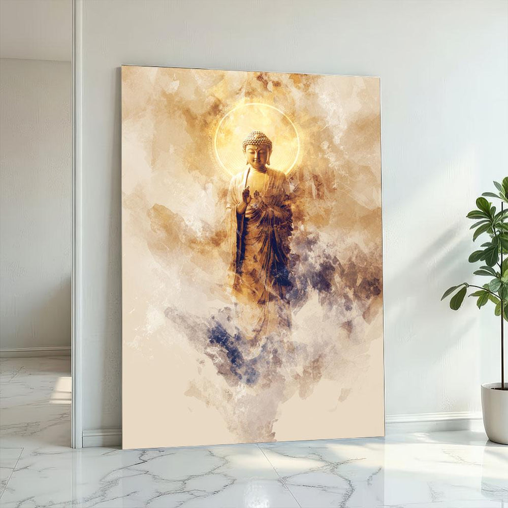 Serene Buddha Enlightenment Canvas Wall Art Print  Golden Aura Living Room Decor  Zen Meditation Statement Piece