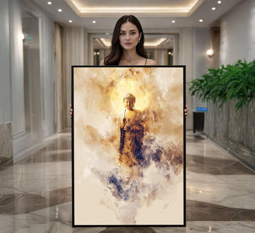 Image 1 of Serene Buddha Enlightenment Canvas Wall Art Print | Golden Aura Living Room Decor | Zen Meditation Statement Piece