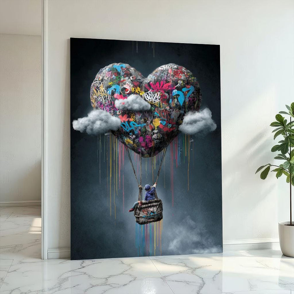 Graffiti Heart Balloon Canvas Wall Art Print  Bold Office Artwork Decor  Modern Art Lovers