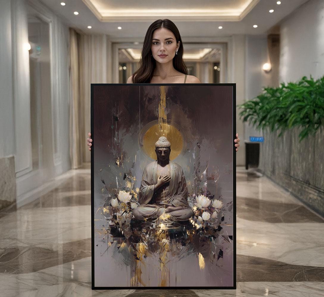 Image 1 of Serene Buddha Meditation Canvas Wall Art Print | Golden Aura Living Room Decor | Spiritual Statement Piece