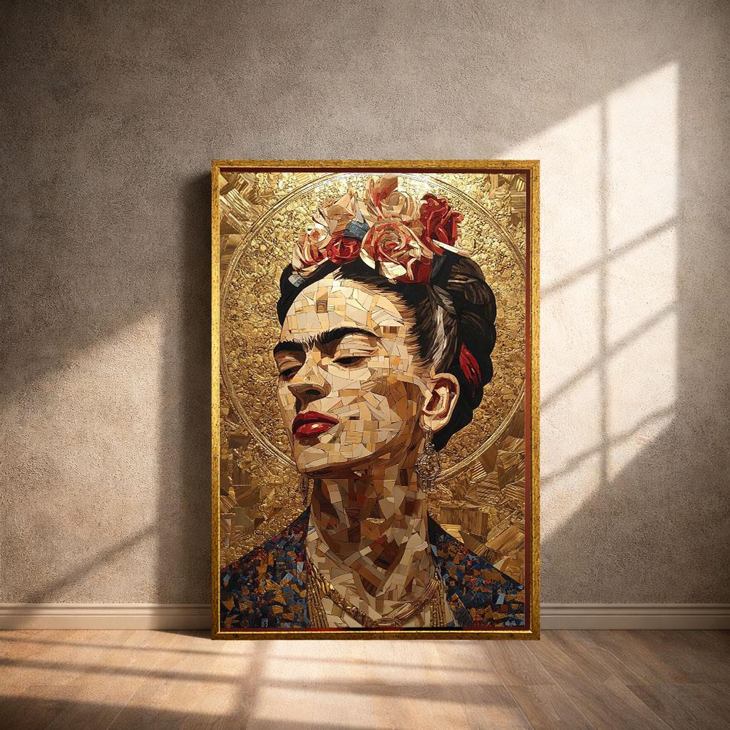 Image 4 of Vibrant Frida Kahlo Portrait Canvas Wall Art Print | Mosaic Style Bedroom Wall Decor | Luxury Gift