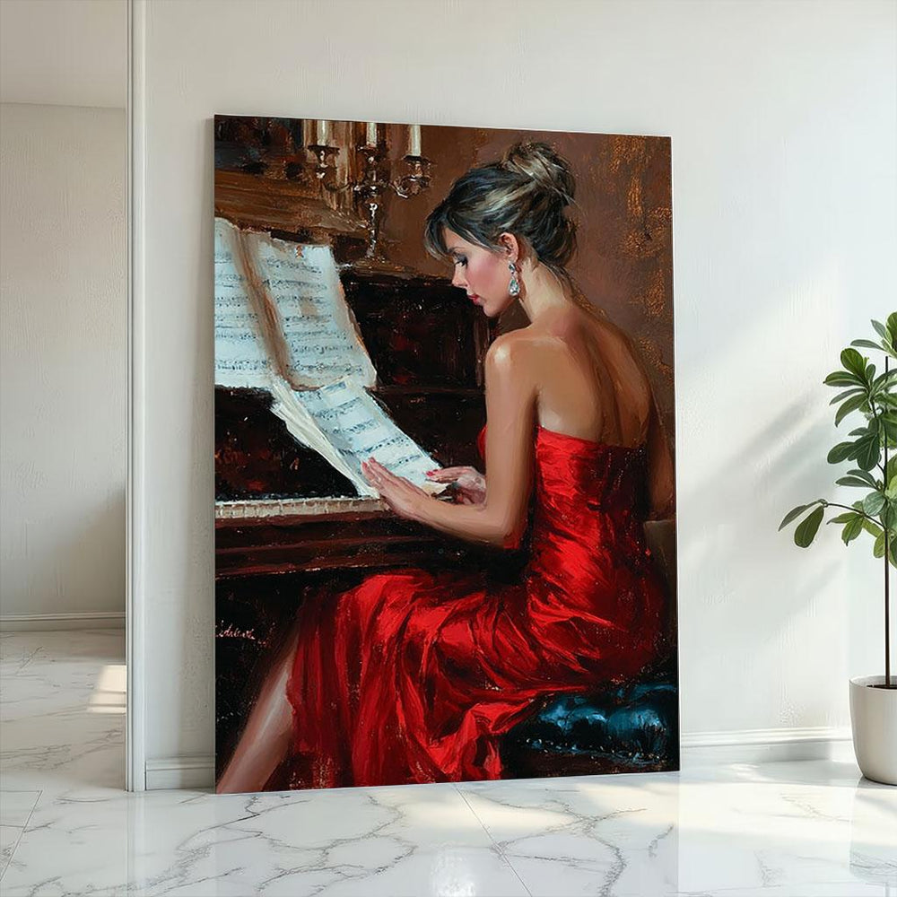Sophisticated Woman in Red Dress Playing Piano Canvas Wall Art Print  Romantic Living Room Decor  Ready to Hang