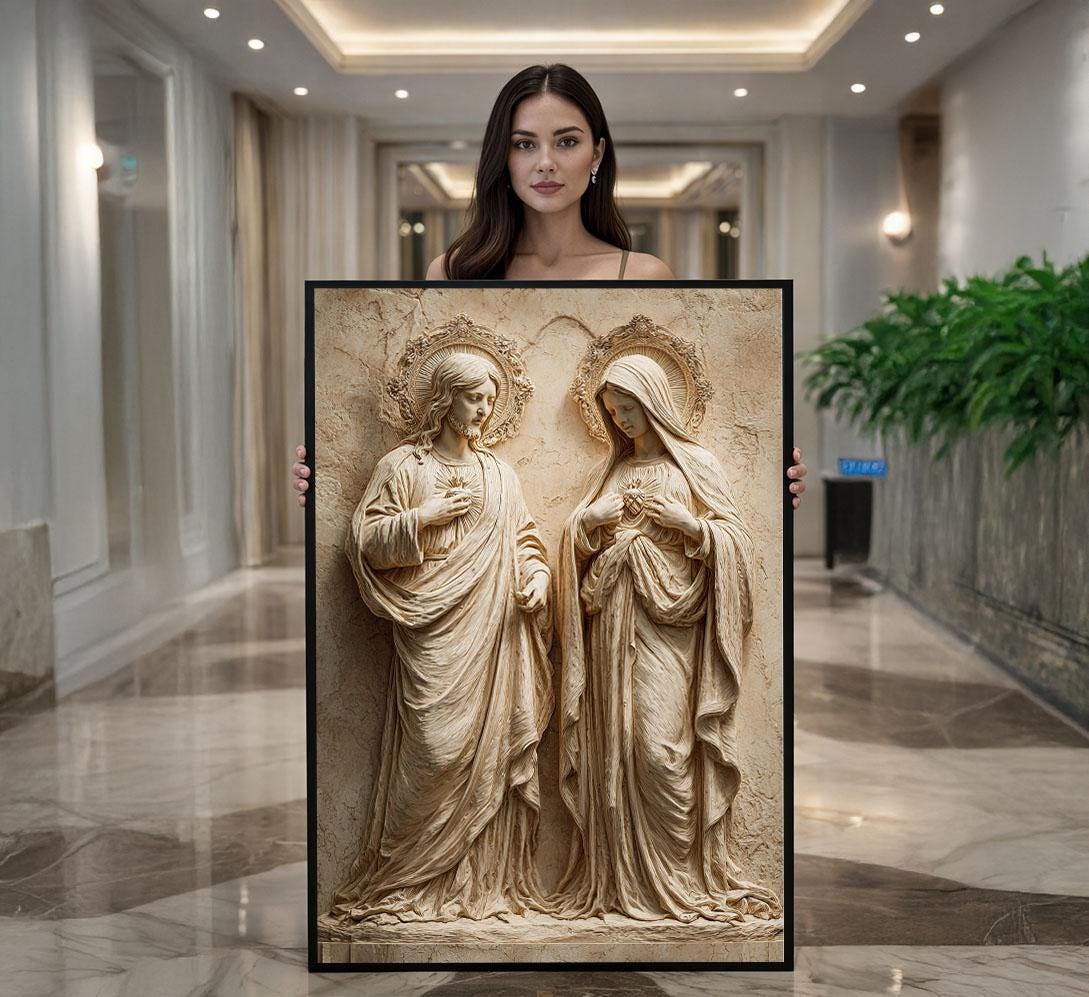 Image 1 of Sacred Jesus and Mary Iconic Canvas Wall Art Print | Byzantine Style Living Room Decor | Art Collectors