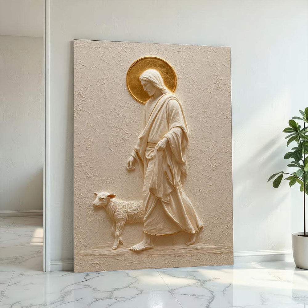 Serene Jesus and Lamb Canvas Print: Golden Halo, Giclée Archival Art