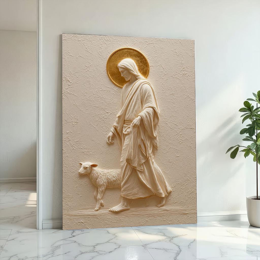 Image 2 of Serene Jesus and Lamb Canvas Wall Art Print | Golden Halo Living Room Decor | Statement Piece
