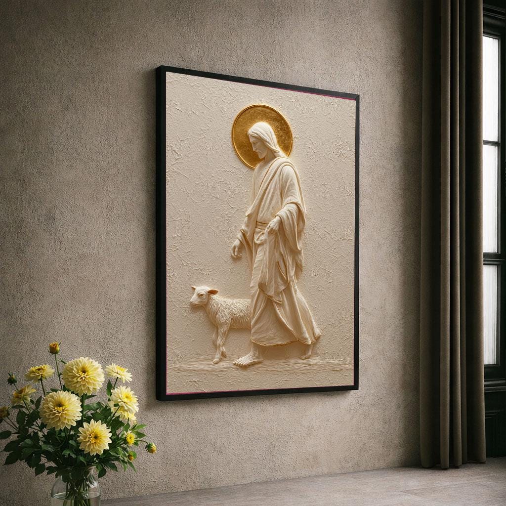 Image 6 of Serene Jesus and Lamb Canvas Wall Art Print | Golden Halo Living Room Decor | Statement Piece
