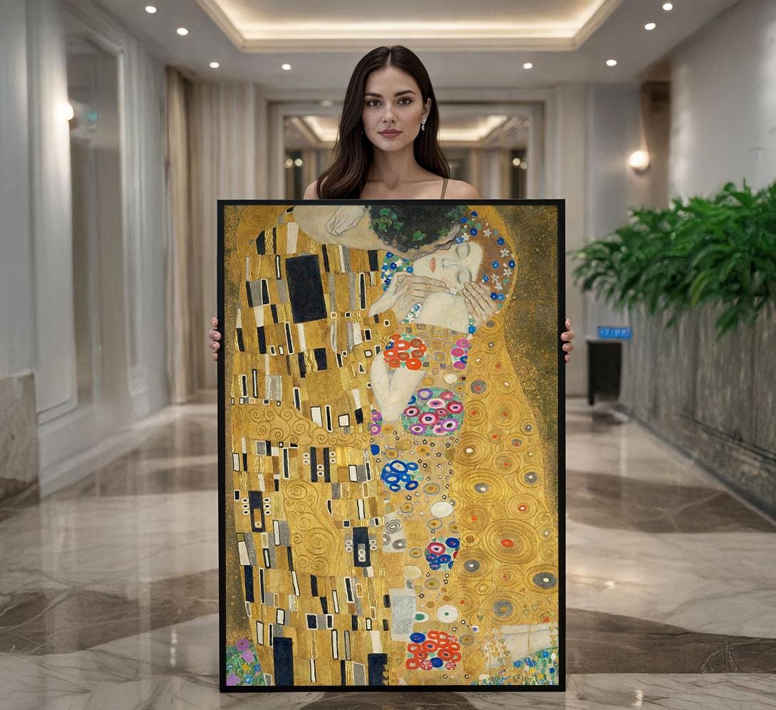 Image 1 of Gustav Klimt Inspired Golden Embrace Canvas Wall Art Print | Ornamental Living Room Decor | Luxury Gift