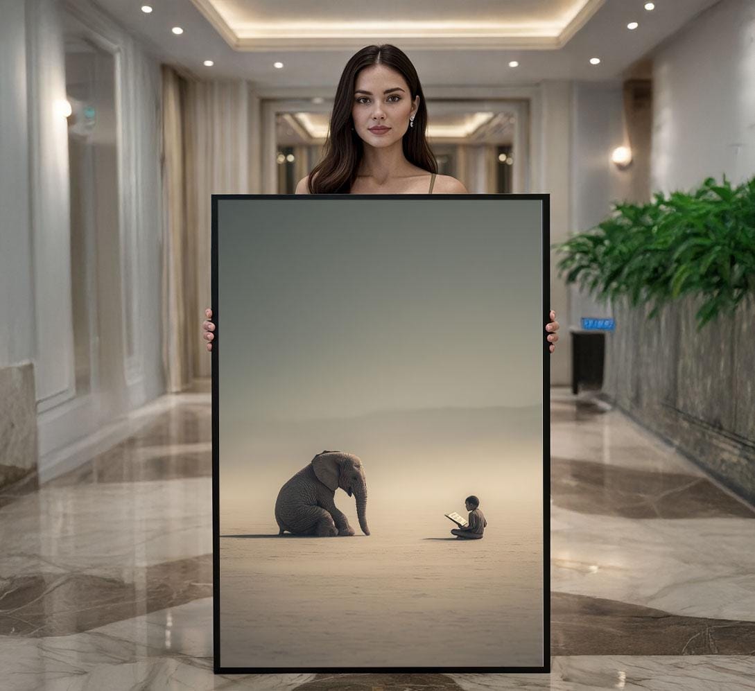 Image 1 of Serene Elephant and Child Canvas Wall Art Print | Minimalist Living Room Decor | Statement Piece