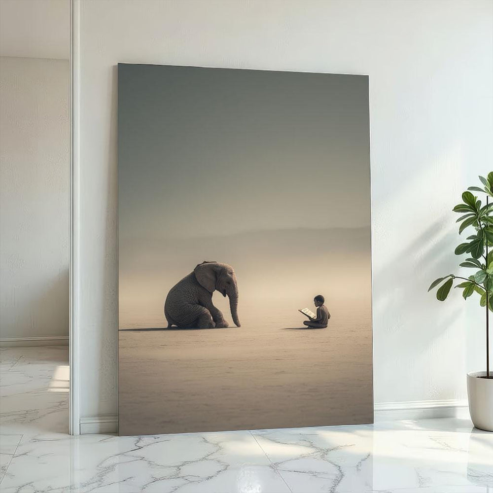 Serene Elephant and Child Canvas Wall Art Print  Minimalist Living Room Decor  Statement Piece