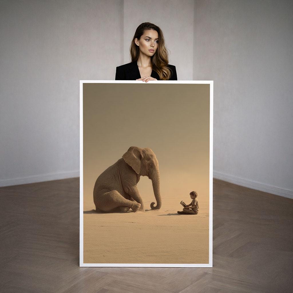 Image 3 of Peaceful Elephant and Child Canvas Wall Art Print | Serene Living Room Decor | Art Collectors