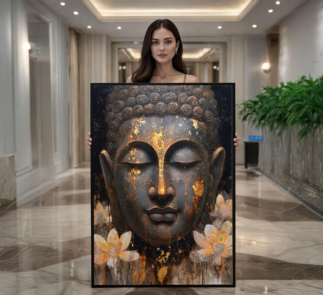 Image 1 of Peaceful Buddha Lotus Canvas Wall Art Print | Gold Black Bedroom Decor | Meditation Statement Piece