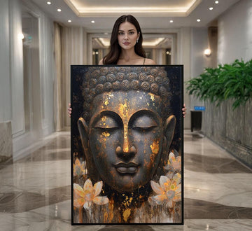 Image 1 of Peaceful Buddha Lotus Canvas Wall Art Print | Gold Black Bedroom Decor | Meditation Statement Piece