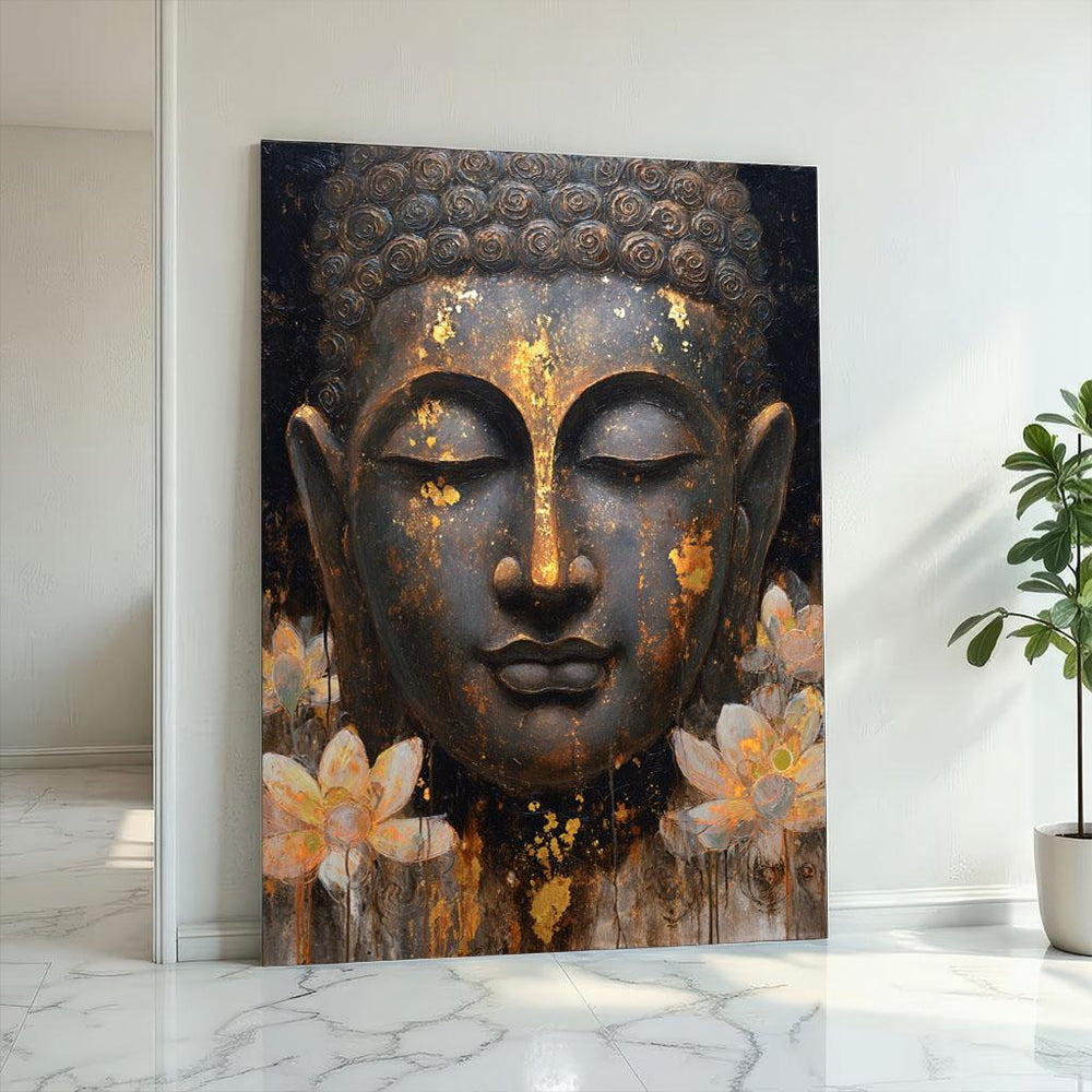 Peaceful Buddha Lotus Canvas Wall Art Print  Gold Black Bedroom Decor  Meditation Statement Piece