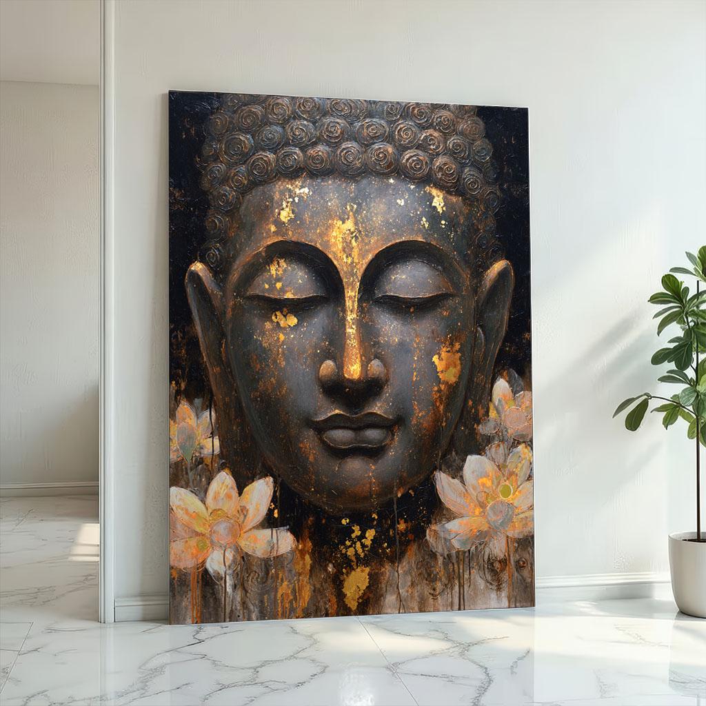 Image 2 of Peaceful Buddha Lotus Canvas Wall Art Print | Gold Black Bedroom Decor | Meditation Statement Piece