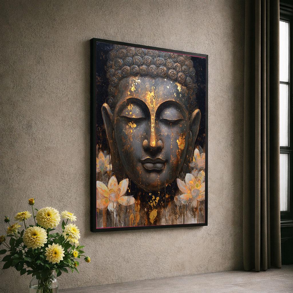 Image 6 of Peaceful Buddha Lotus Canvas Wall Art Print | Gold Black Bedroom Decor | Meditation Statement Piece