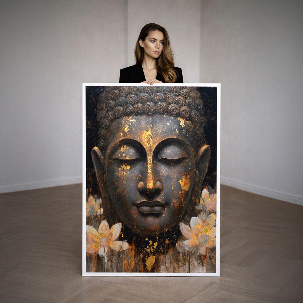 Image 3 of Peaceful Buddha Lotus Canvas Wall Art Print | Gold Black Bedroom Decor | Meditation Statement Piece