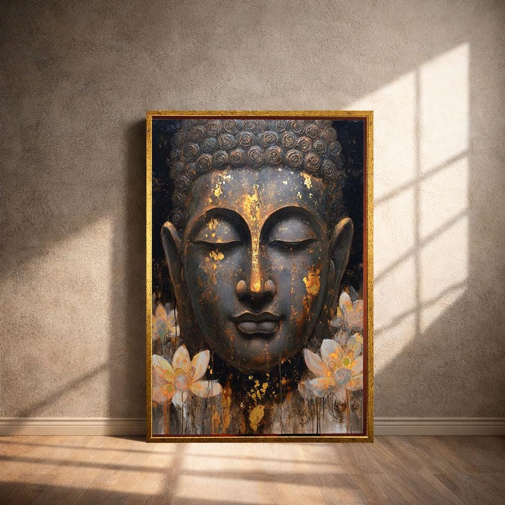 Image 4 of Peaceful Buddha Lotus Canvas Wall Art Print | Gold Black Bedroom Decor | Meditation Statement Piece
