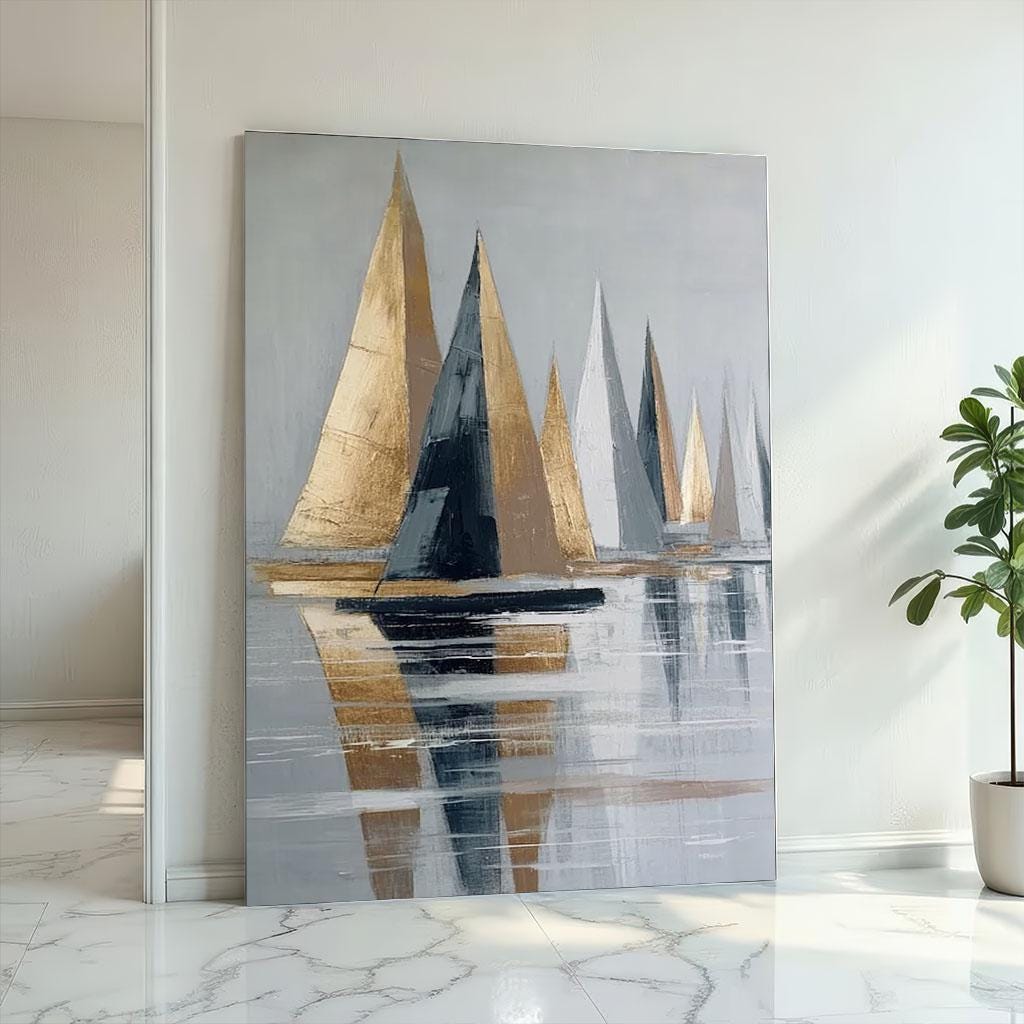 Image 2 of Elegant Sailboat Reflections Canvas Wall Art Print | Gold and Blue Living Room Decor | Modern Art Lovers