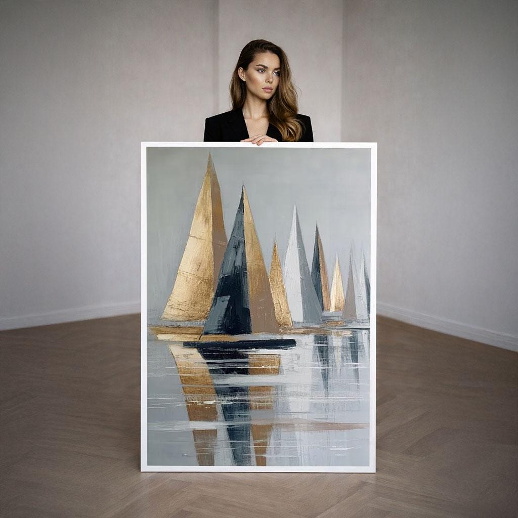 Image 3 of Elegant Sailboat Reflections Canvas Wall Art Print | Gold and Blue Living Room Decor | Modern Art Lovers