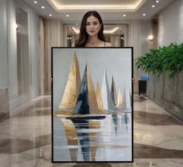 Image 1 of Elegant Sailboat Reflections Canvas Wall Art Print | Gold and Blue Living Room Decor | Modern Art Lovers