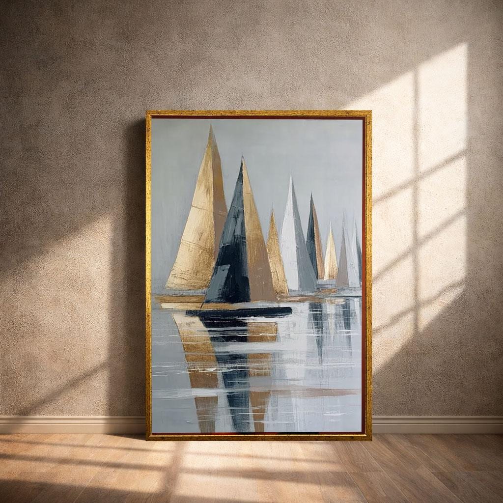 Image 4 of Elegant Sailboat Reflections Canvas Wall Art Print | Gold and Blue Living Room Decor | Modern Art Lovers