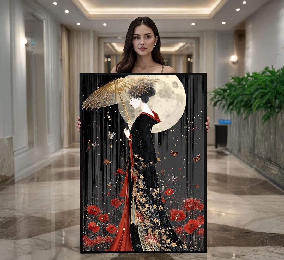 Image 1 of Elegant Geisha Moonlit Canvas Wall Art Print | Black Gold Oriental Bedroom Decor | Luxury Gift