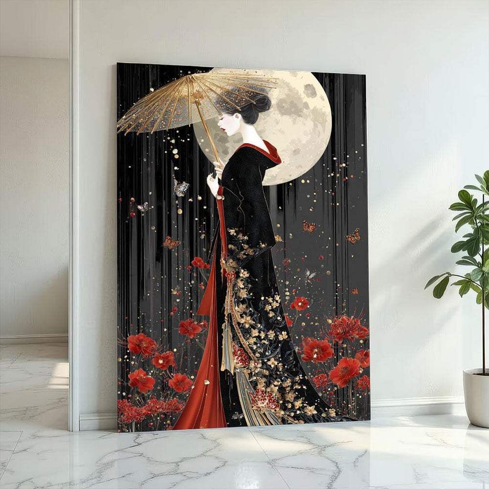 Elegant Geisha Moonlit Canvas Wall Art Print  Black Gold Oriental Bedroom Decor  Luxury Gift