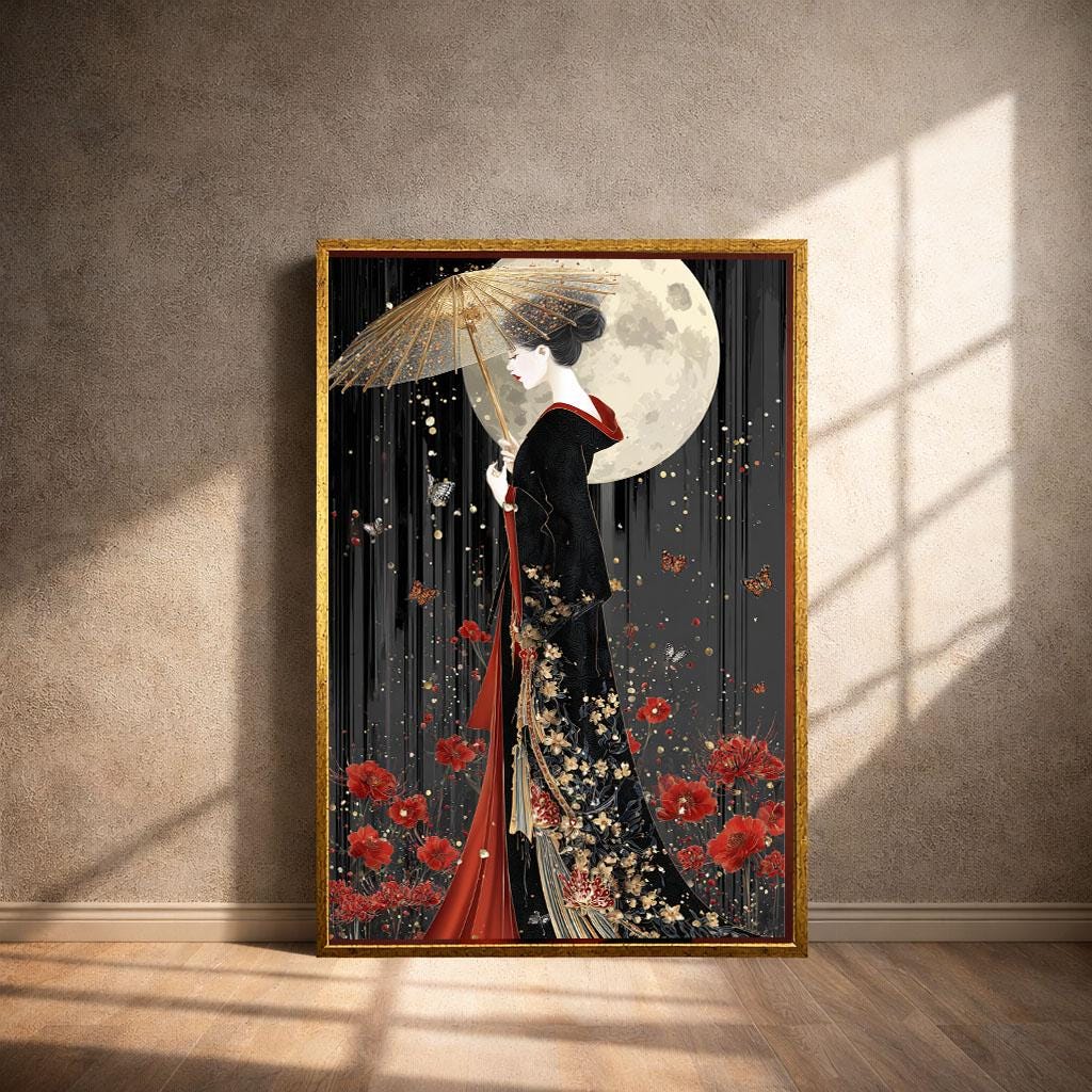 Image 4 of Elegant Geisha Moonlit Canvas Wall Art Print | Black Gold Oriental Bedroom Decor | Luxury Gift