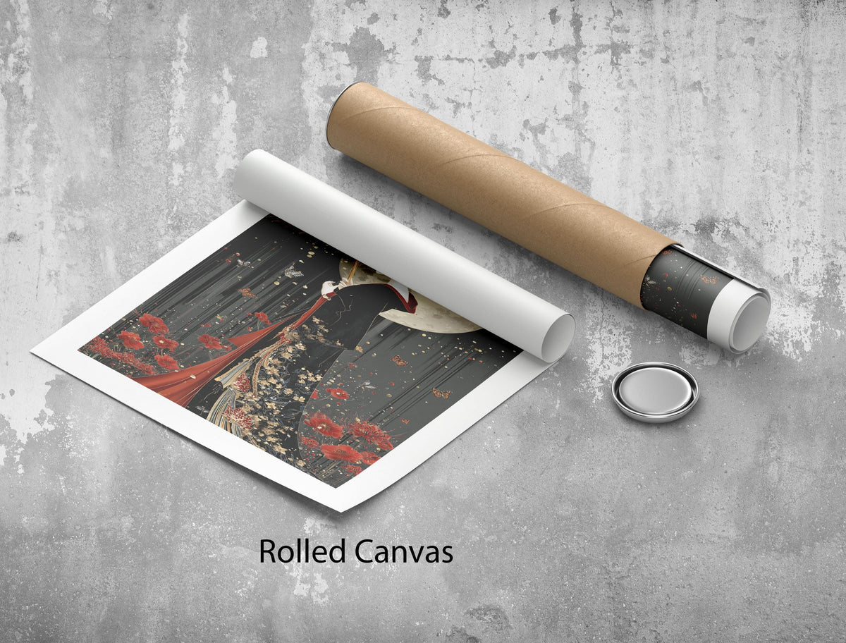 Image 5 of Elegant Geisha Moonlit Canvas Wall Art Print | Black Gold Oriental Bedroom Decor | Luxury Gift