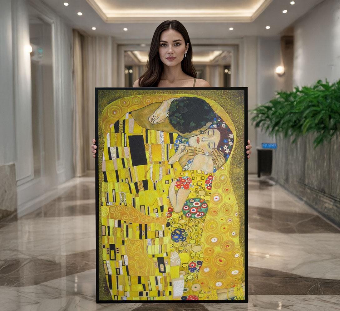 Image 1 of Gustav Klimt The Kiss Canvas Wall Art Print | Gold Art Nouveau Living Room Decor | Luxury Gift