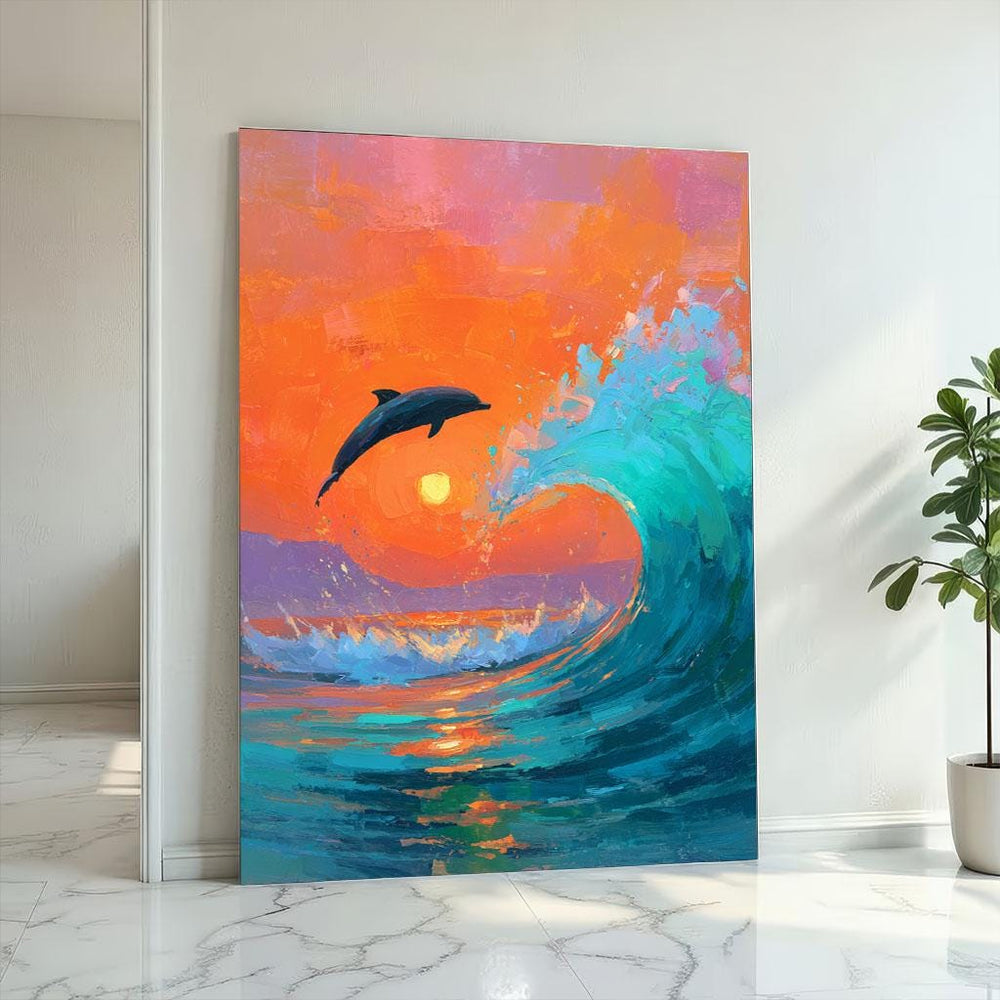 Dolphin Sunset Canvas Print, Ocean Wave Art, Modern Coastal Decor