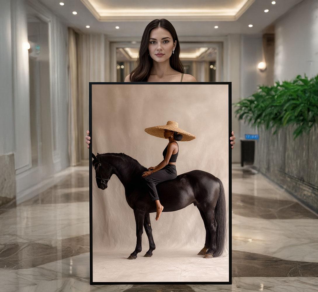 Image 1 of Elegant Woman on Horseback Canvas Wall Art Print | Neutral Tones Living Room Decor | Statement Piece