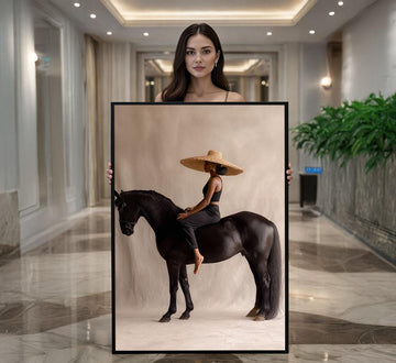 Image 1 of Elegant Woman on Horseback Canvas Wall Art Print | Neutral Tones Living Room Decor | Statement Piece