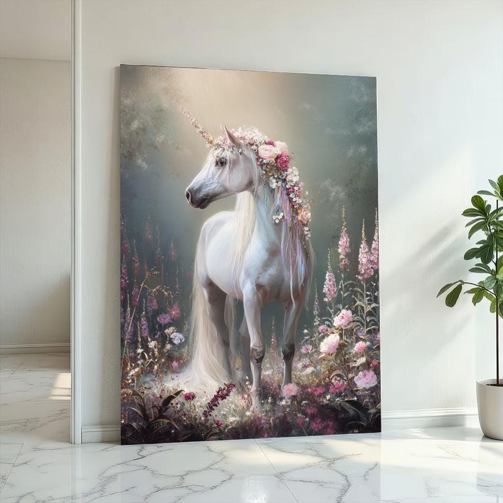 Image 2 of Elegant Unicorn in Floral Fantasy Canvas Wall Art Print | Pastel Bedroom Wall Decor | Ready to Hang