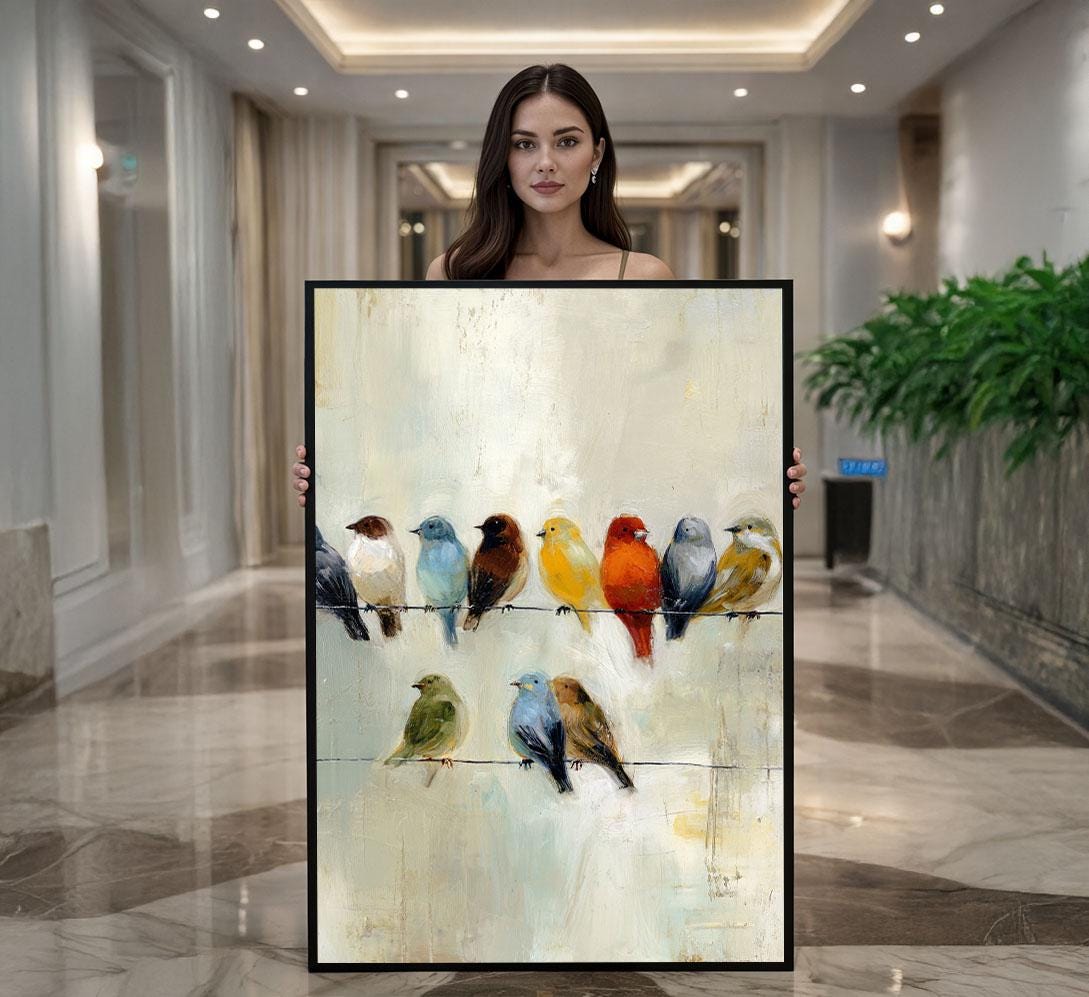 Image 1 of Colorful Birds on Wire Abstract Canvas Wall Art Print | Pastel Living Room Decor | Statement Piece