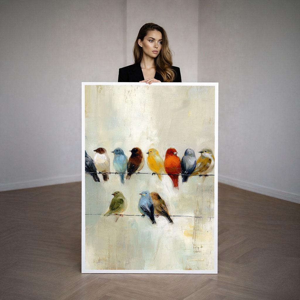 Image 3 of Colorful Birds on Wire Abstract Canvas Wall Art Print | Pastel Living Room Decor | Statement Piece