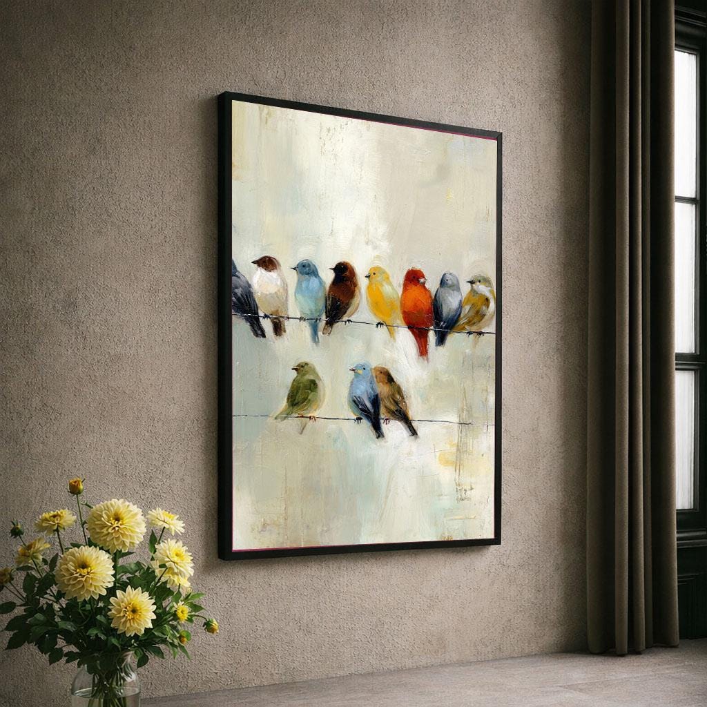 Image 6 of Colorful Birds on Wire Abstract Canvas Wall Art Print | Pastel Living Room Decor | Statement Piece