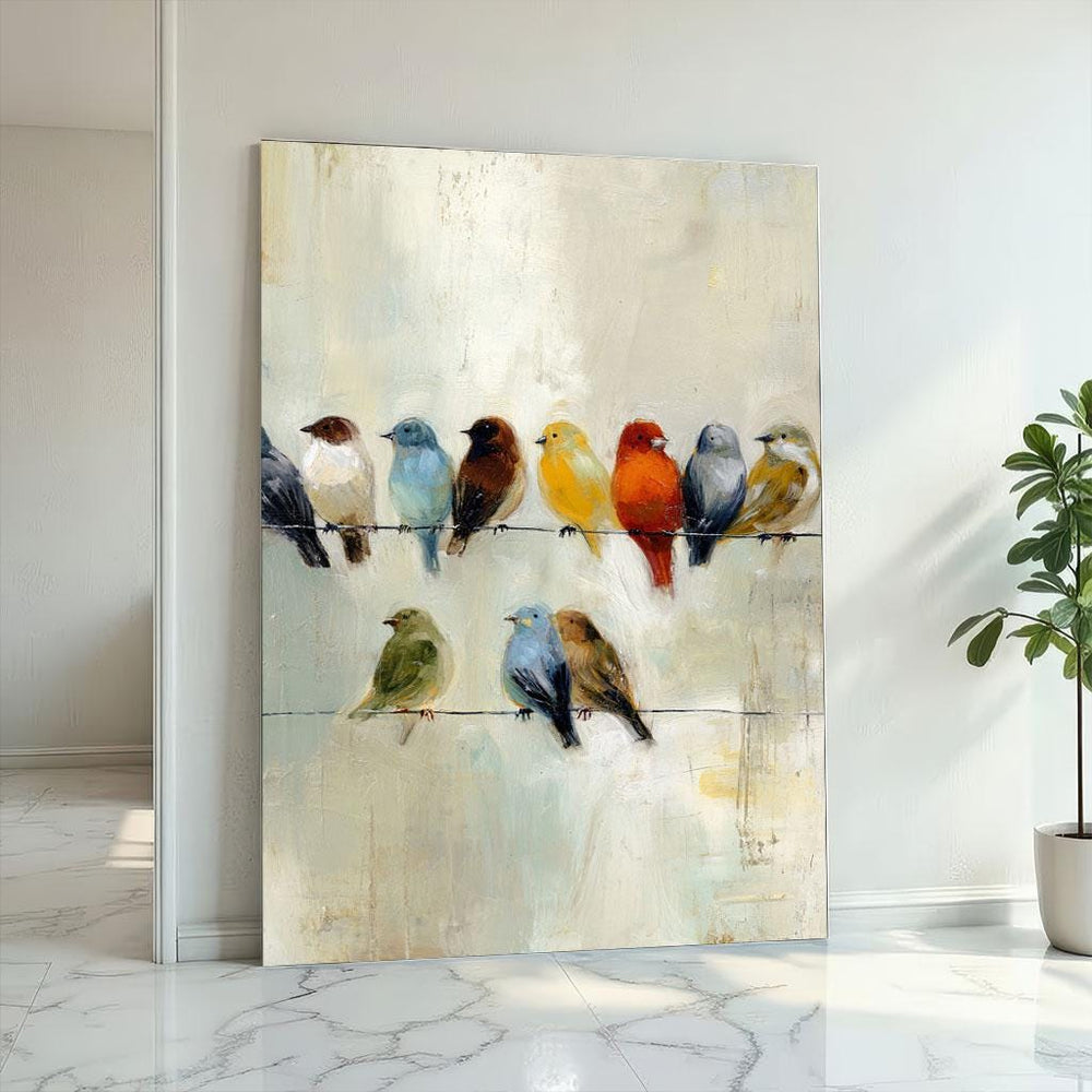 Colorful Birds on Wire Canvas Print - Abstract Pastel Art
