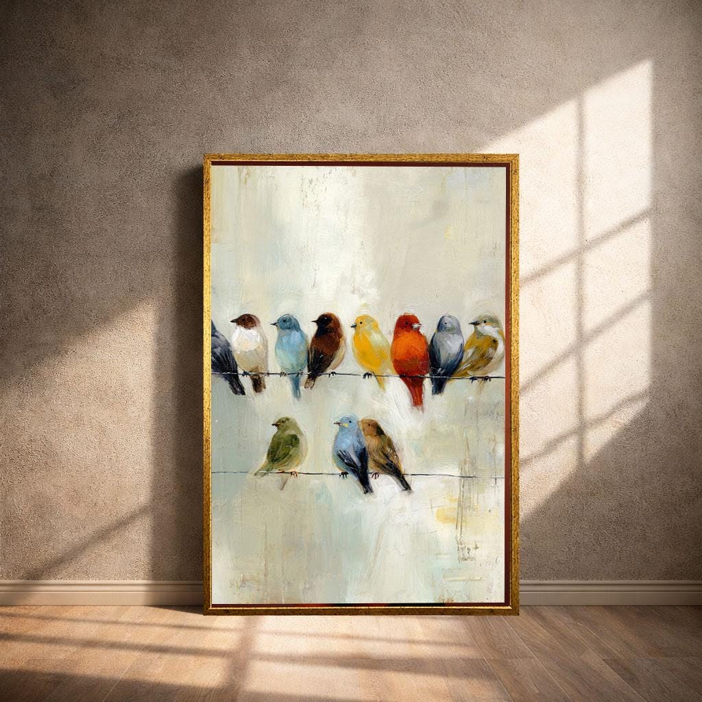 Image 4 of Colorful Birds on Wire Abstract Canvas Wall Art Print | Pastel Living Room Decor | Statement Piece
