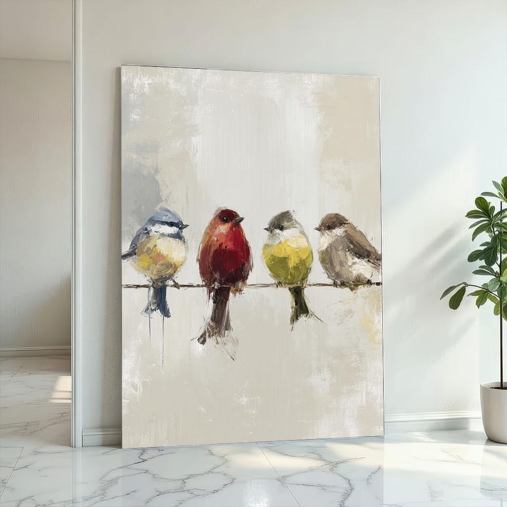 Image 2 of Colorful Birds on Wire Canvas Wall Art Print | Modern Living Room Decor | Ready to Hang