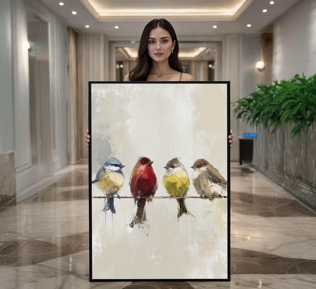 Image 1 of Colorful Birds on Wire Canvas Wall Art Print | Modern Living Room Decor | Ready to Hang