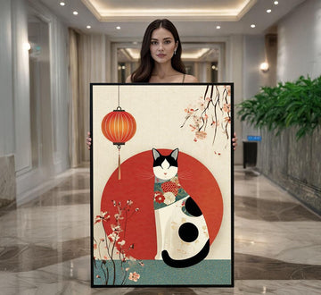 Image 1 of Asian Cat Lantern Canvas Wall Art Print | Oriental Style Living Room Decor | Statement Piece