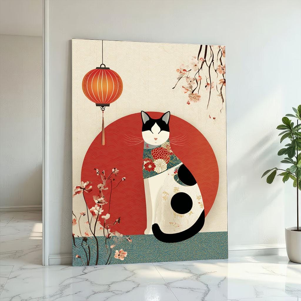 Image 2 of Asian Cat Lantern Canvas Wall Art Print | Oriental Style Living Room Decor | Statement Piece